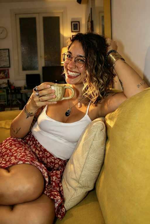 Vanesa Rojas riendo en un sofá amarillo con una taza de cerámica en la mano